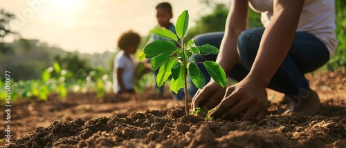 Children planting young plants in the soil. photo