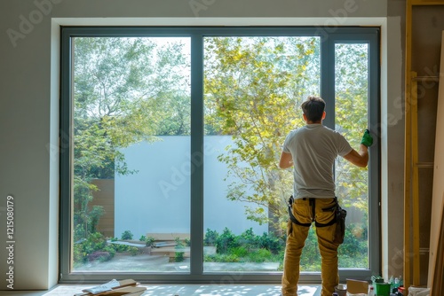 Construction worker installing window, pausing while admiring lush garden surrounding new residential building