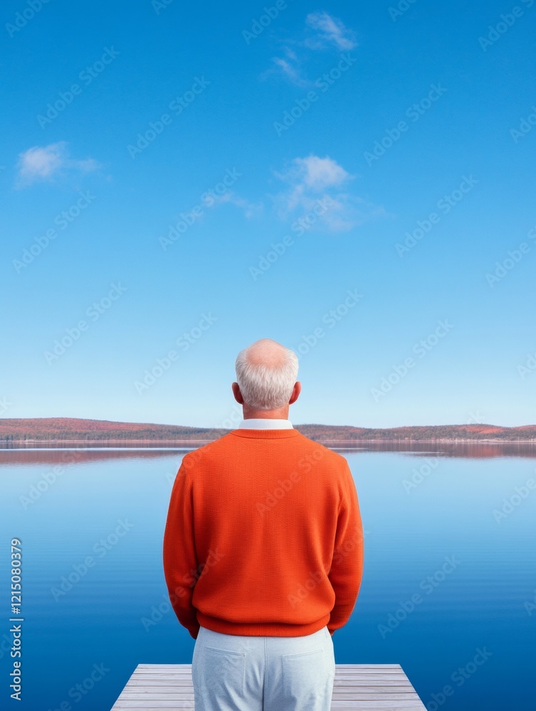 Fototapeta premium Mindful Lakeside Retreat Mature Man in Vibrant Sweater on Wooden Dock - Tranquil Escape for Mental Well-being and Adventure Tourism Content