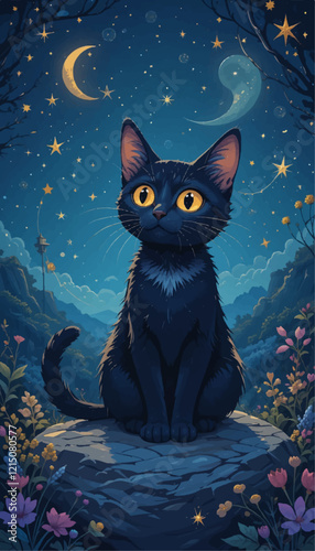 Whimsical Midnight Adventure of the Starry-Eyed Tabby: A Vectorized Tale of Feline Serenity in Starlit Illustration