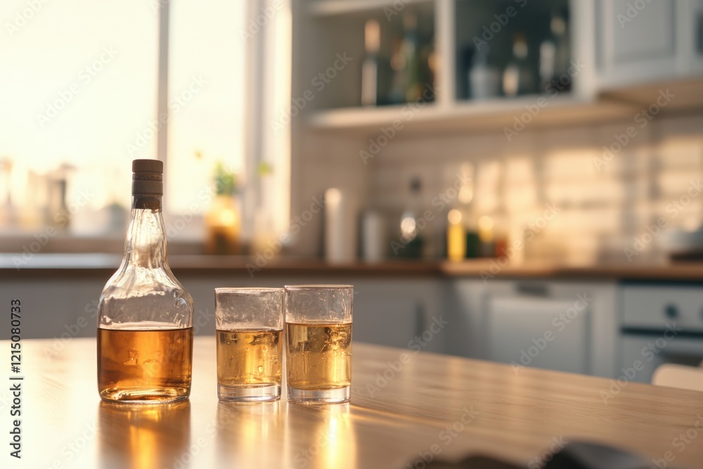 Cluttered kitchen table highlights struggle with alcohol and its impact on daily life and relationships Cluttered kitchen table highlights struggle with alcohol and its impact on daily life and relationships