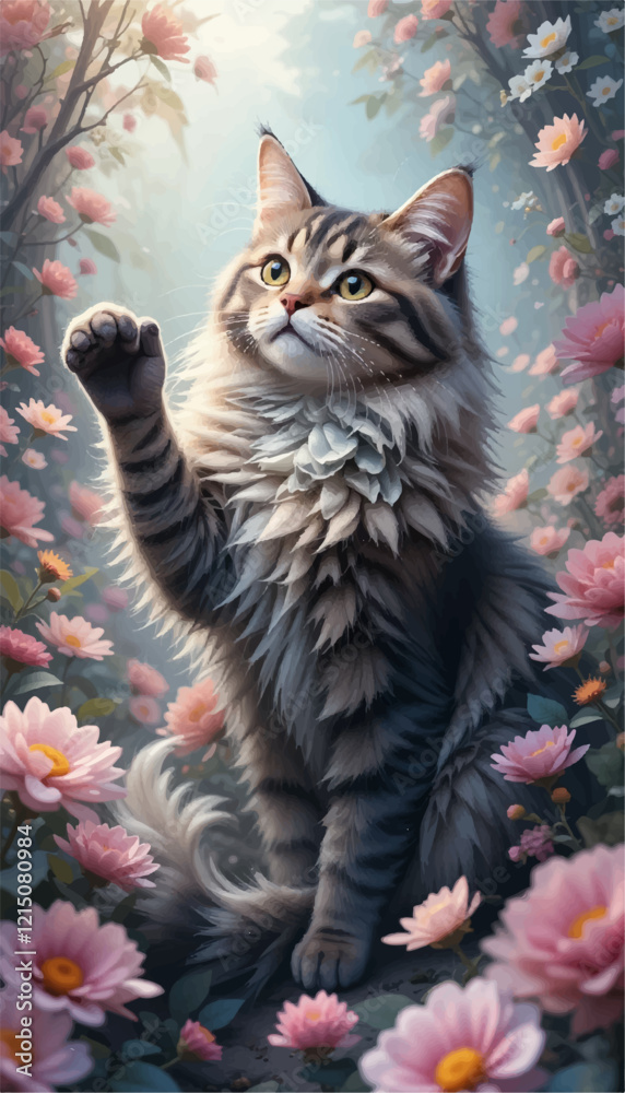 Obraz premium Ethereal Garden of Whiskers: A Dreamlike Vector Scene Capturing the Playful Essence of a Majestic Cat in Floral Bliss