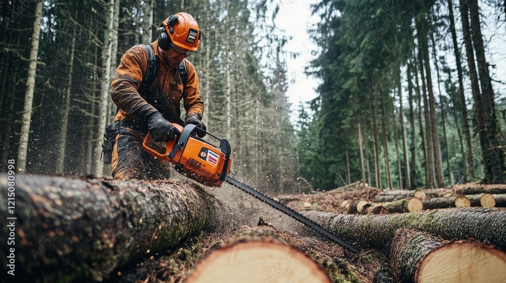 A vivid capture of a forestry worker with a chainsaw, surrounded by felled trees and forestry equipment, Logging operation scene A vivid capture of a forestry worker with a chainsaw, surrounded by felled trees and forestry equipment, Logging operation scene