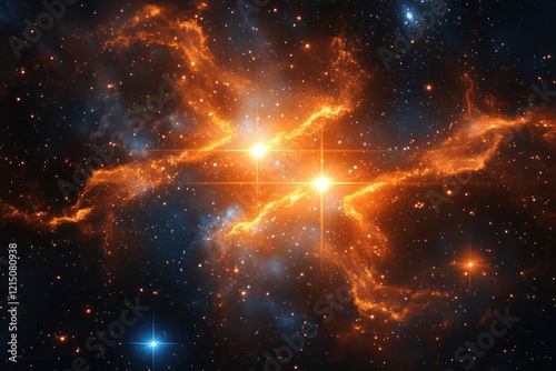 A distant star system with binary stars, their light intertwining as they orbit each other, illuminating the surrounding space