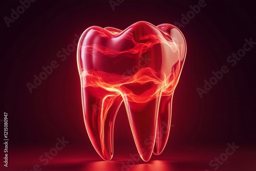 Medical hologram depicting glowing molar tooth radiating vibrant red energy against dark digital backdrop