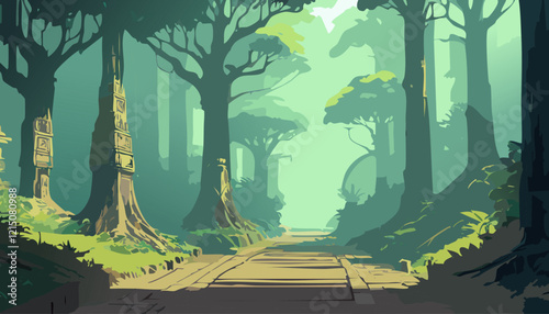 Vector illustration of the green trees in the forest. Horror background.
