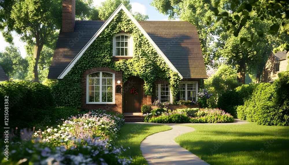 Fototapeta premium Charming cottage surrounded by lush greenery and blooming flowers in a sunny neighborhood