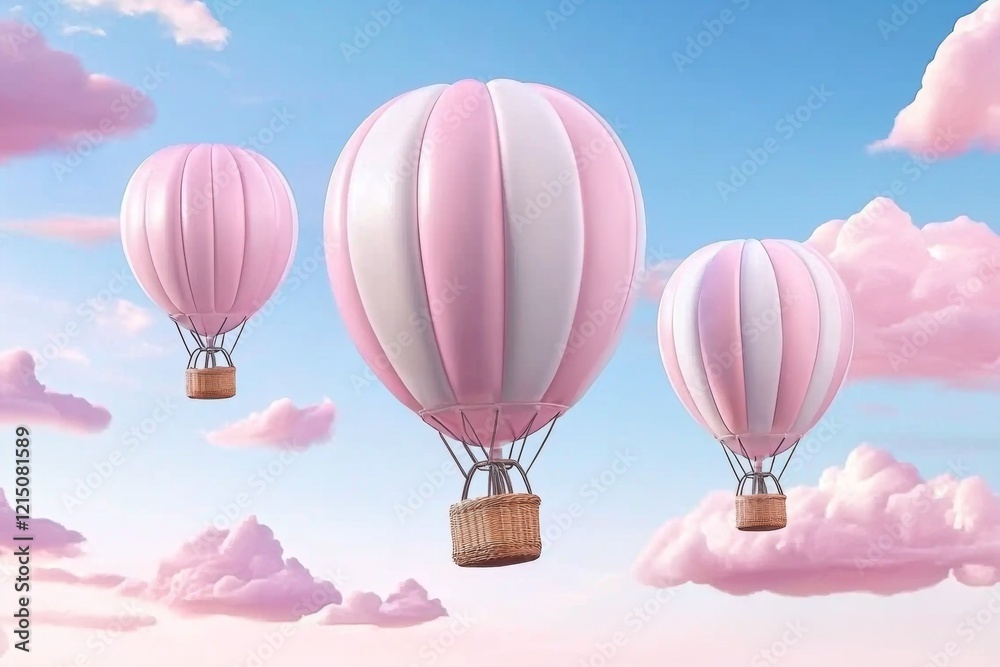 Obraz premium Colorful hot air balloons drift through a sky filled with fluffy pink clouds at sunset