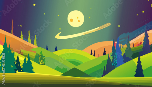 Cartoon landscape with hills, trees and moon. Vector illustration.