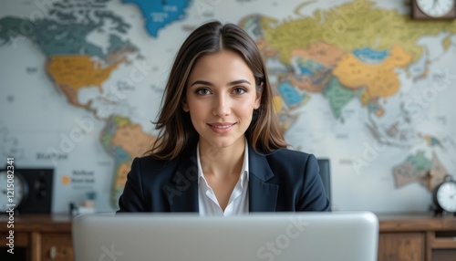 A young woman sits at her desk, wearing a blazer and smiling warmly. Behind her is a detailed world map, showcasing various continents and countries, and clocks indicating different time zones