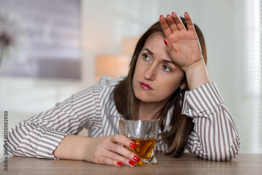 Alcohol addiction. Woman with glass of whiskey at wooden table indoors Alcohol addiction. Woman with glass of whiskey at wooden table indoors
