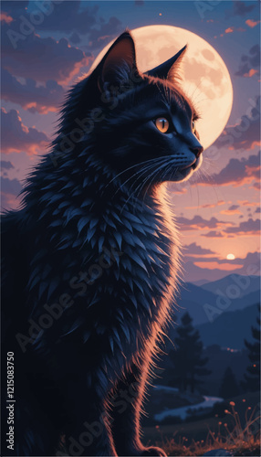 The Pensive Gaze of the Twilight Wanderer: A Stunning Vector Illustration Capturing a Cat's Contemplation Under a Dusky Sky