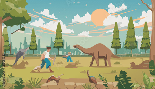 Vector illustration of an African safari house with animals in the background