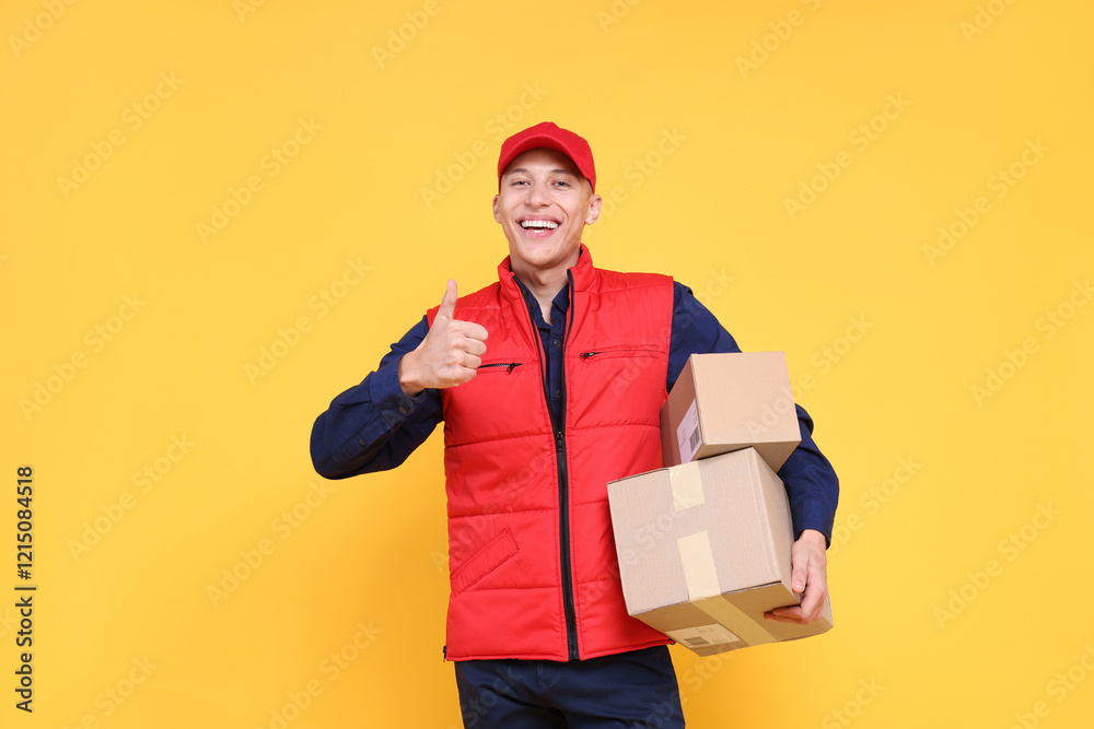 Happy postman with parcels showing thumbs up on yellow background Happy postman with parcels showing thumbs up on yellow background