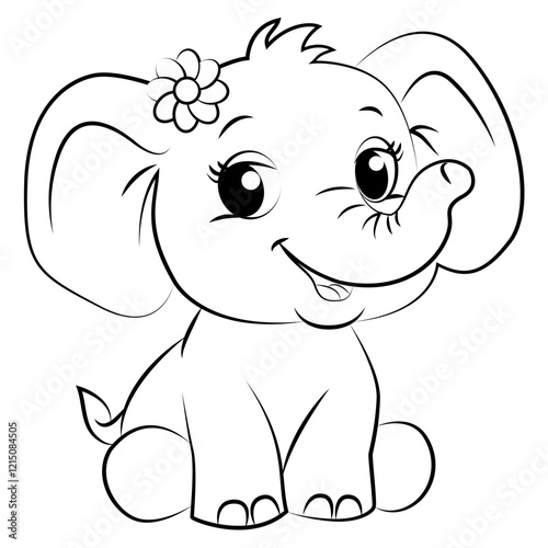 A vector illustration of little elephant to color, in cartoon style. Dynamic black lines, cute style, ideal for children.