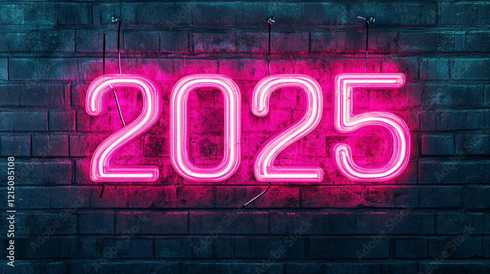 Glowing Neon 2025 Sign on Brick Wall New Year Future Celebration Glowing Neon 2025 Sign on Brick Wall New Year Future Celebration