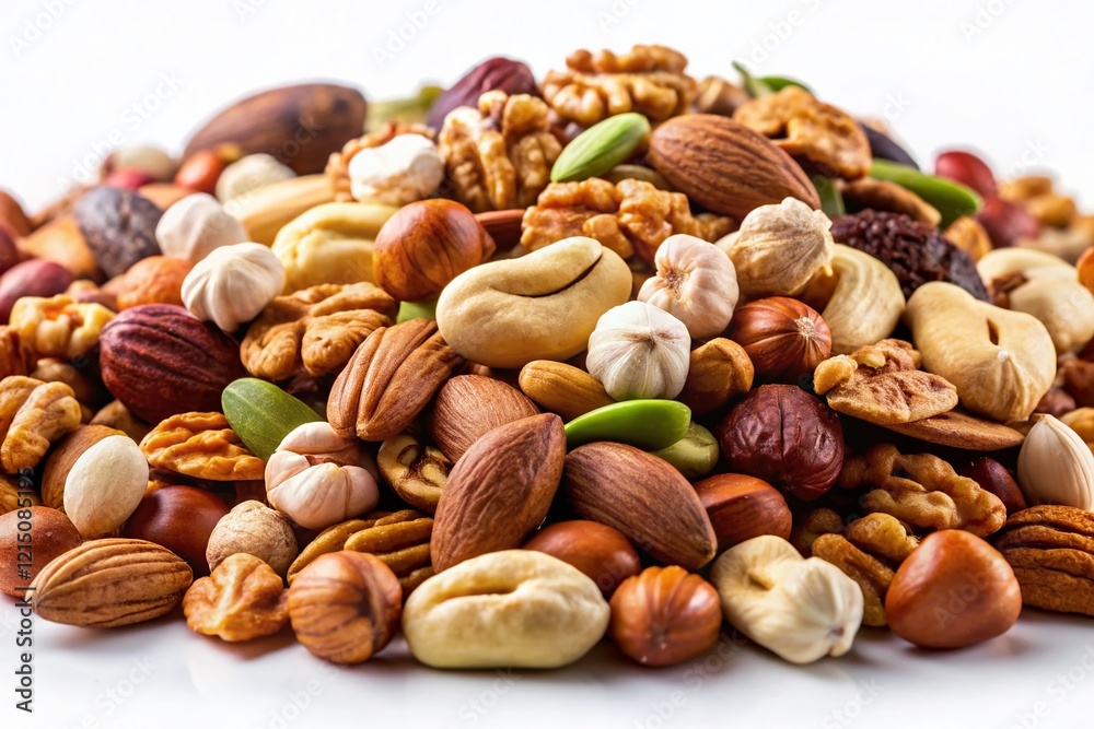 Macro Photo of Assorted Nuts Isolated on White Background - High-Resolution Stock Image Macro Photo of Assorted Nuts Isolated on White Background - High-Resolution Stock Image