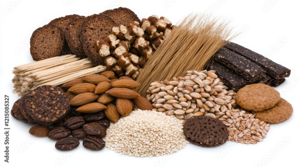 Variety of nuts, seeds, and grains arranged on a white surface for healthy snacks and meals preparation Variety of nuts, seeds, and grains arranged on a white surface for healthy snacks and meals preparation