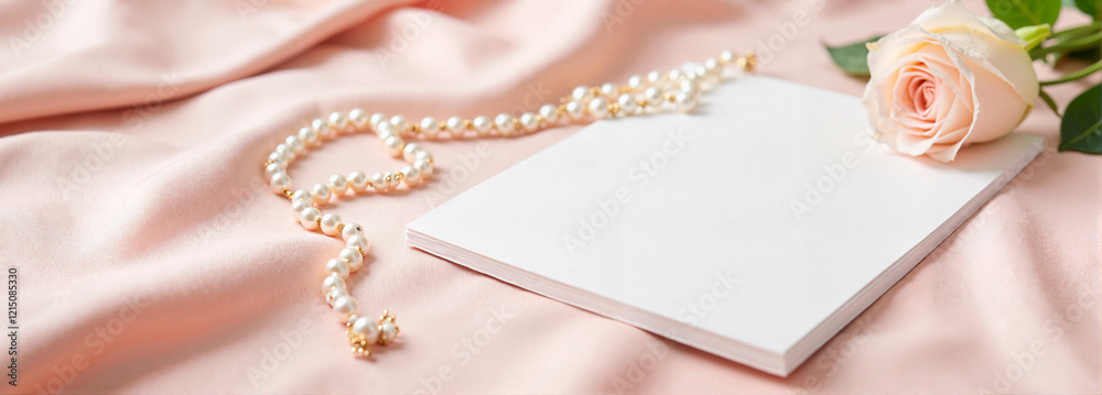 Fototapeta premium Folded paper mockup with rose and pearls on soft pink fabric