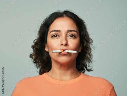 Contemporary Empowerment Hispanic Woman, 40, Breaking Cigarette in Casual Attire - Stock for Smoking Cessation Campaigns, Health Motivation, Recovery Journeys in Digital Branding photo