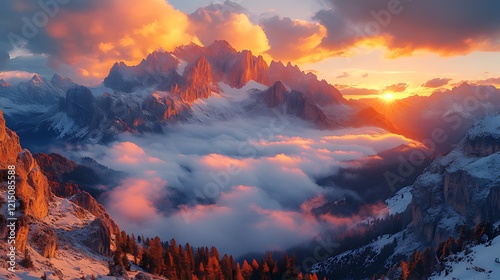 Sunset over snowy alpine mountains, cloudscape, winter landscape, travel poster