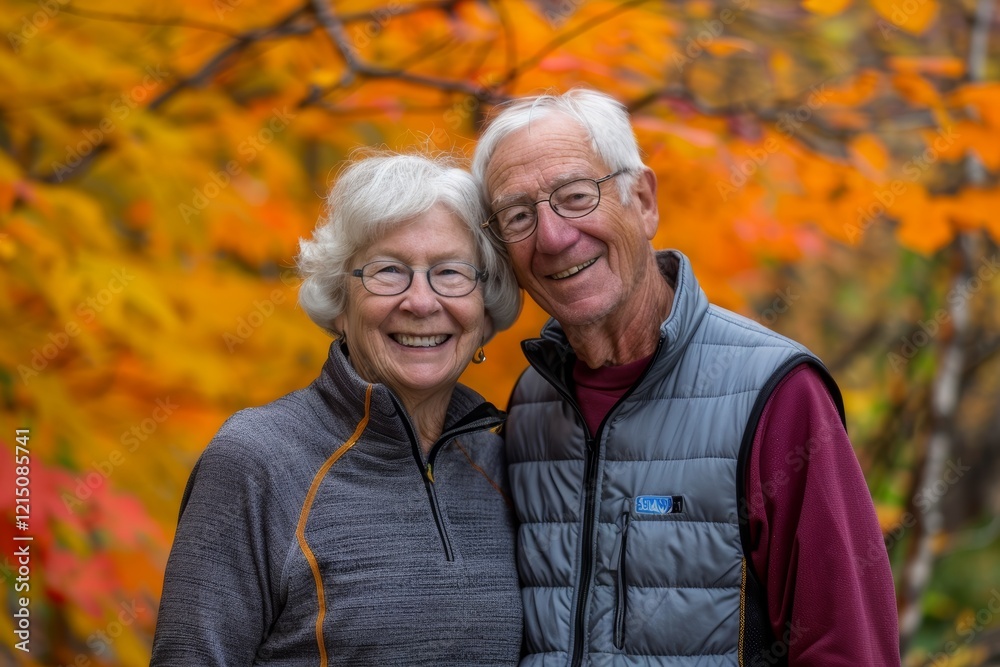 Portrait of a grinning caucasian couple in their 80s wearing a lightweight running vest isolated in background of autumn leaves Portrait of a grinning caucasian couple in their 80s wearing a lightweight running vest isolated in background of autumn leaves