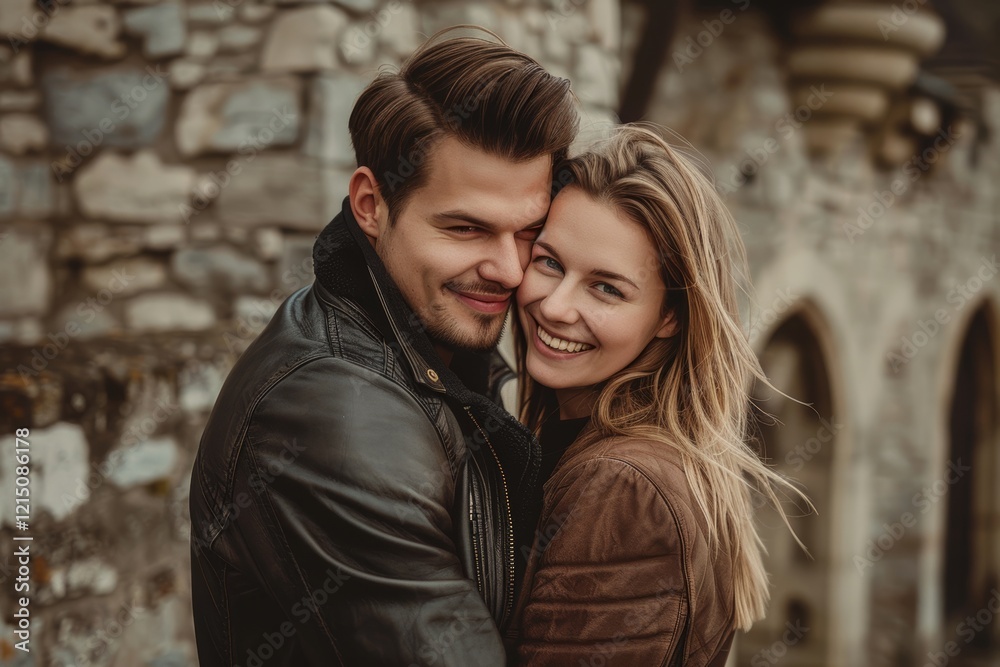 Portrait of a joyful caucasian couple in their 20s sporting a classic leather jacket in front of historic castle backdrop Portrait of a joyful caucasian couple in their 20s sporting a classic leather jacket in front of historic castle backdrop