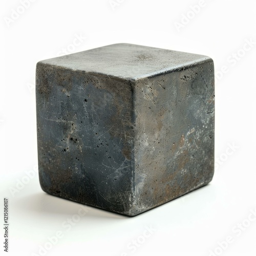 Close up of a weathered metal cube showcasing a textured and industrial appearance