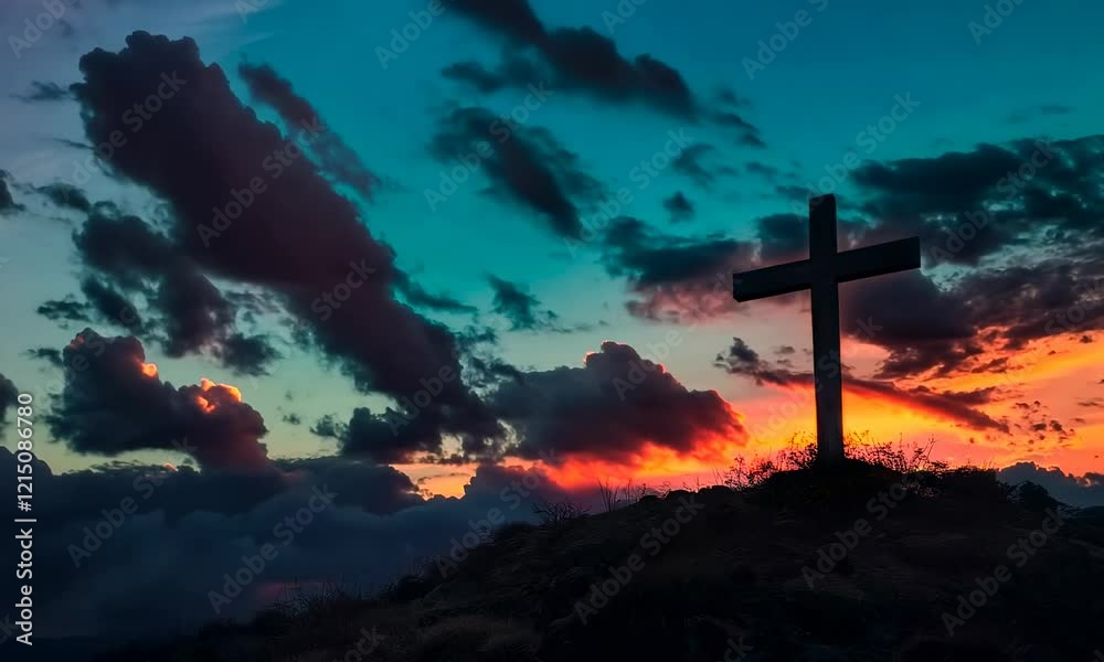 Symbolic cross for jesus resurrection, with sky over golgotha hill glowing in light and clouds.