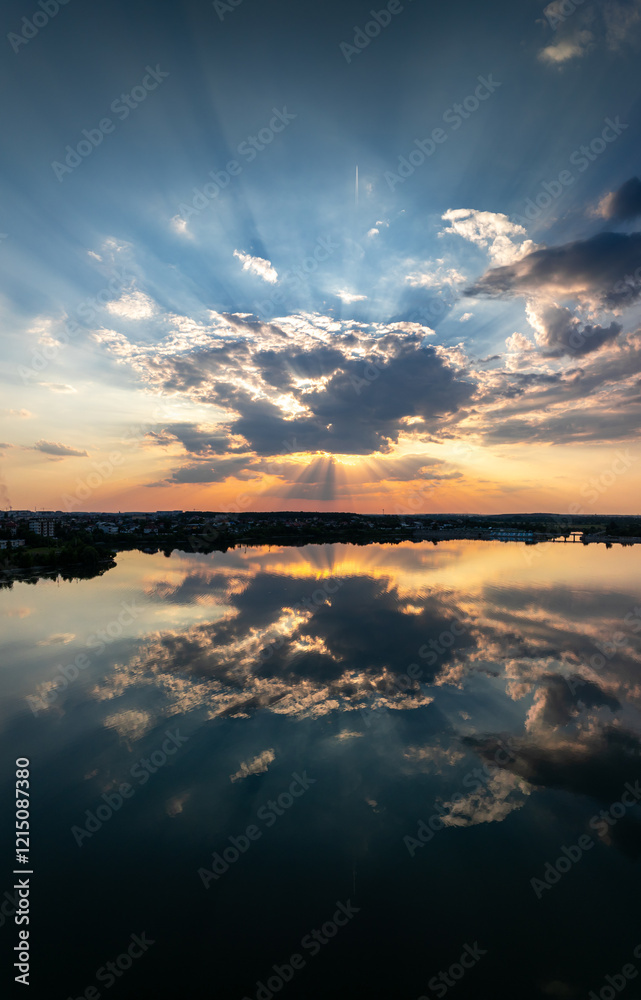 A captivating landscape photo of a sunset casting radiant light beams through clouds, perfectly reflected in the calm lake below. Sunset reflection photo.
