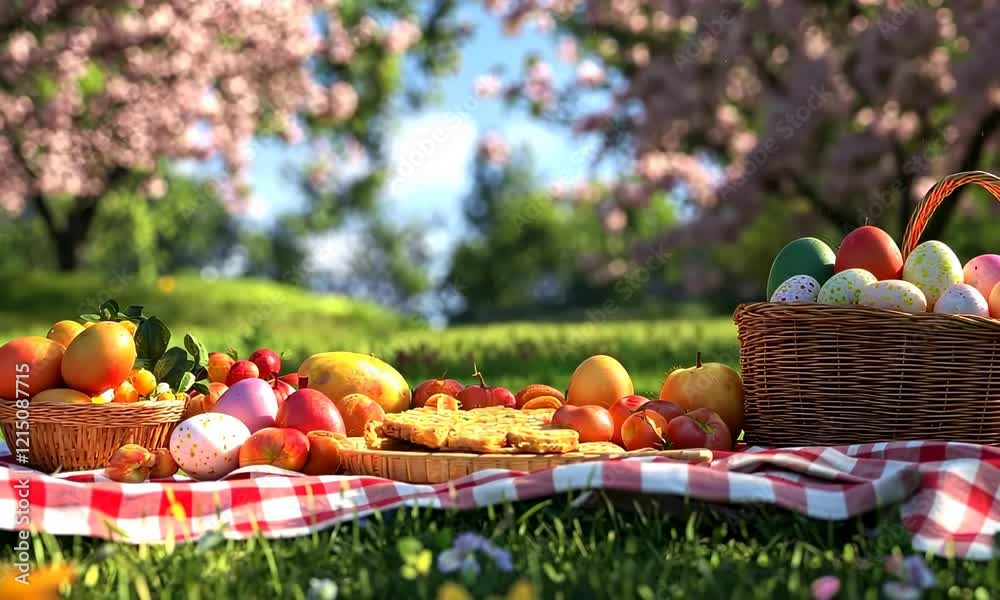Family picnic for Easter in a sunny park, a checkered blanket covered with traditional food, fresh fruit, and a basket of pastel eggs '