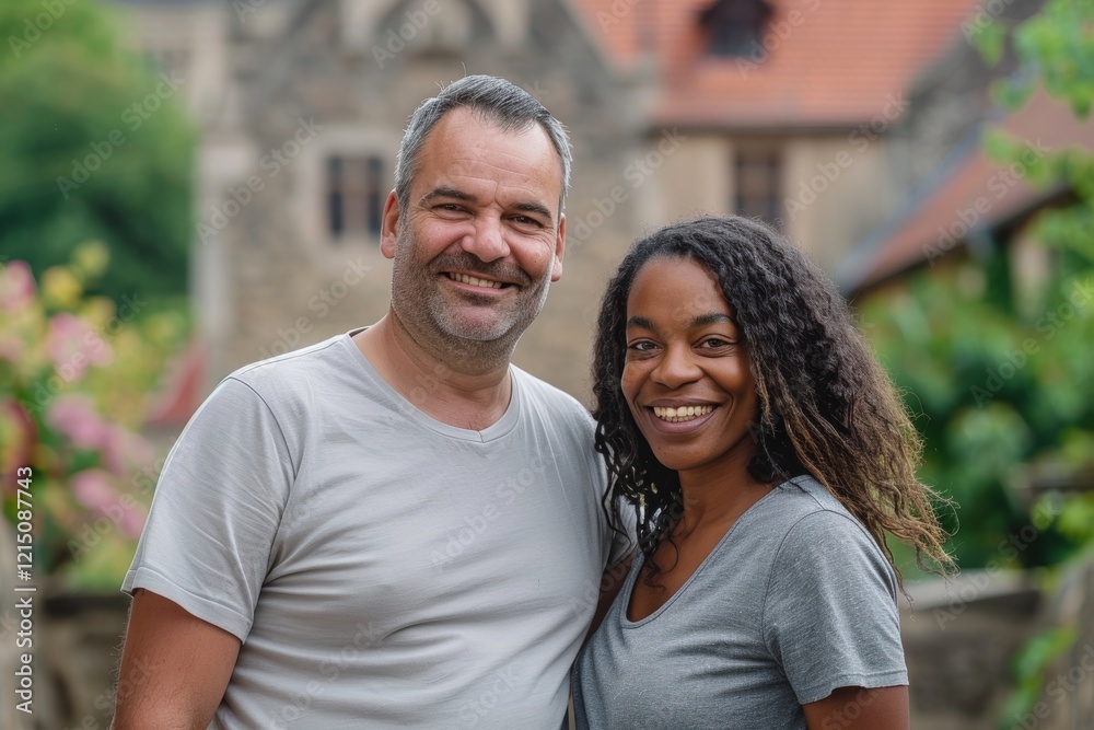 Portrait of a content multicultural couple in their 40s dressed in a casual t-shirt while standing against historic castle backdrop Portrait of a content multicultural couple in their 40s dressed in a casual t-shirt while standing against historic castle backdrop