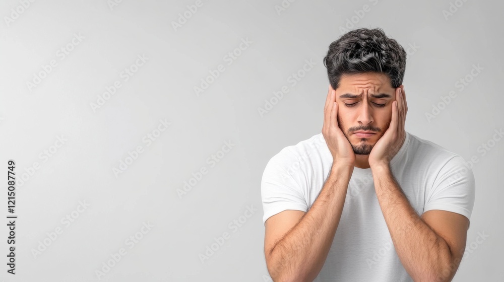 Young man with distressed expression holding head in hands, isolated on gray background, mental health concept Young man with distressed expression holding head in hands, isolated on gray background, mental health concept