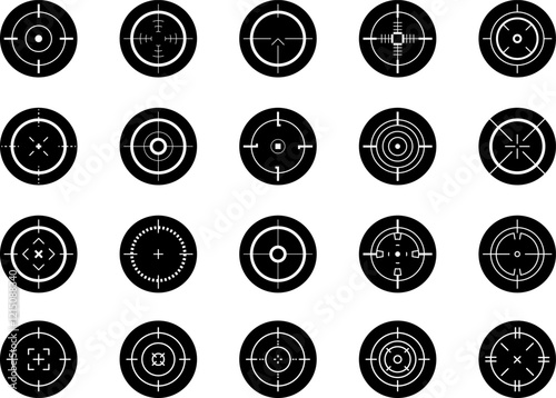 Crosshair gun sight vector icons set. Bullseye, target or aim symbol. Futuristic aim pointer. Military rifle scope, shooting mark sign. Targeting, aiming. Archery, hunting vector. Game UI element.