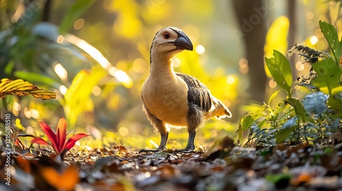 Dodo Raphus cucullatus phylum Chordata class Aves order Columbiformes family Raphidae standing a forest floor its plump body surrounded by tropical plants under soft morning light photo