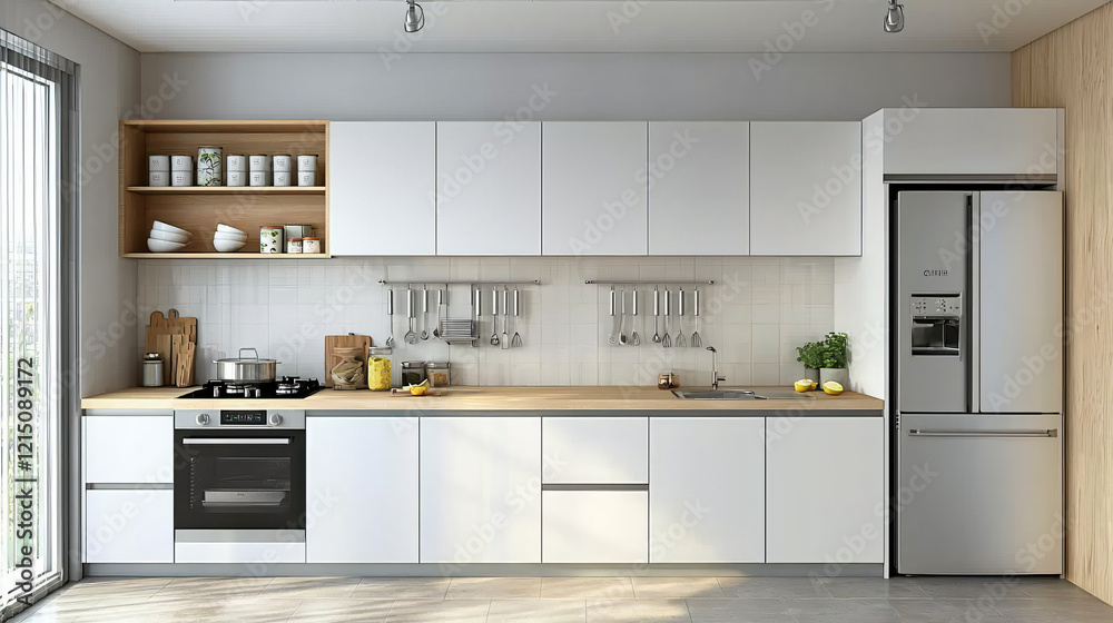 Fototapeta premium Minimalist kitchen design in white and natural wood tones, with a streamlined counter and fully equipped layout, exuding modern beauty and a tranquil vibe.