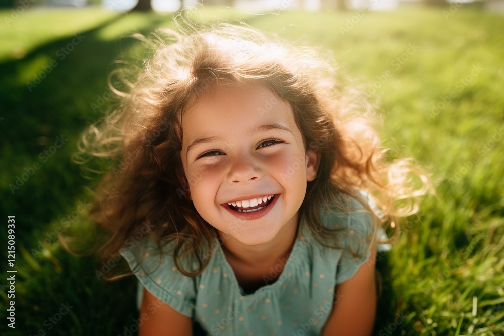 Young girl with curly hair smiling outdoors in a field of green grass, enjoying a sunny summer day Young girl with curly hair smiling outdoors in a field of green grass, enjoying a sunny summer day