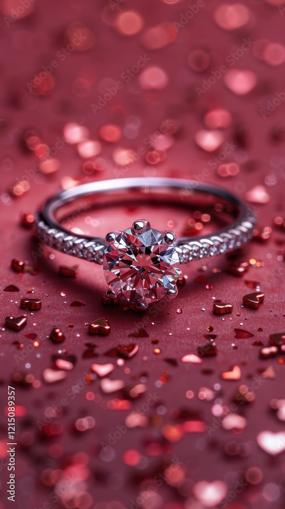 There is a diamond ring sitting on a red surface, vertical background There is a diamond ring sitting on a red surface, vertical background