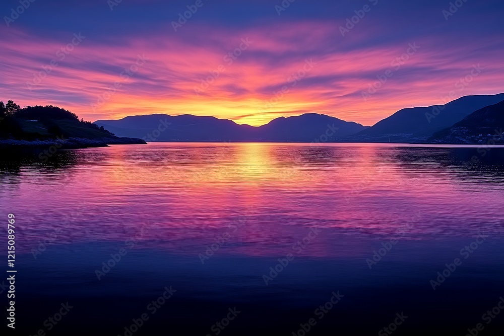 Vibrant sunset over calm lake and mountains. Vibrant sunset over calm lake and mountains.