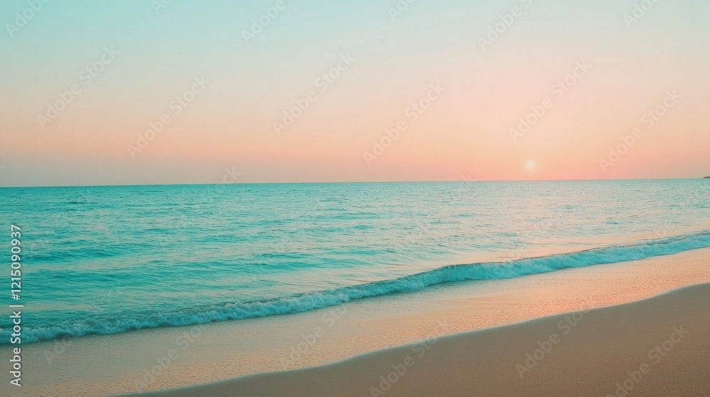 Obraz premium Tropical Beach with Soft Waves and Pastel Sunset Sky – Relaxing Coastal Landscape