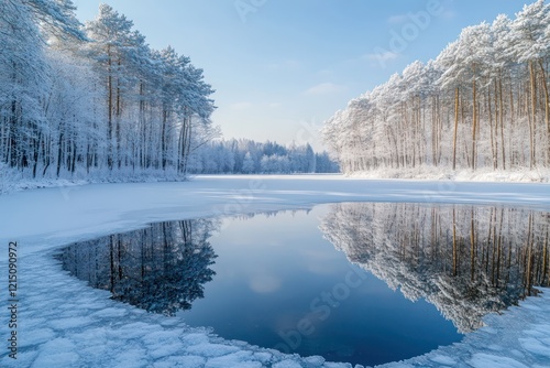 A frozen lake in a winter landscape, where the icy surface reflects the surrounding snow-covered trees, creating a serene and pristine scene. photo