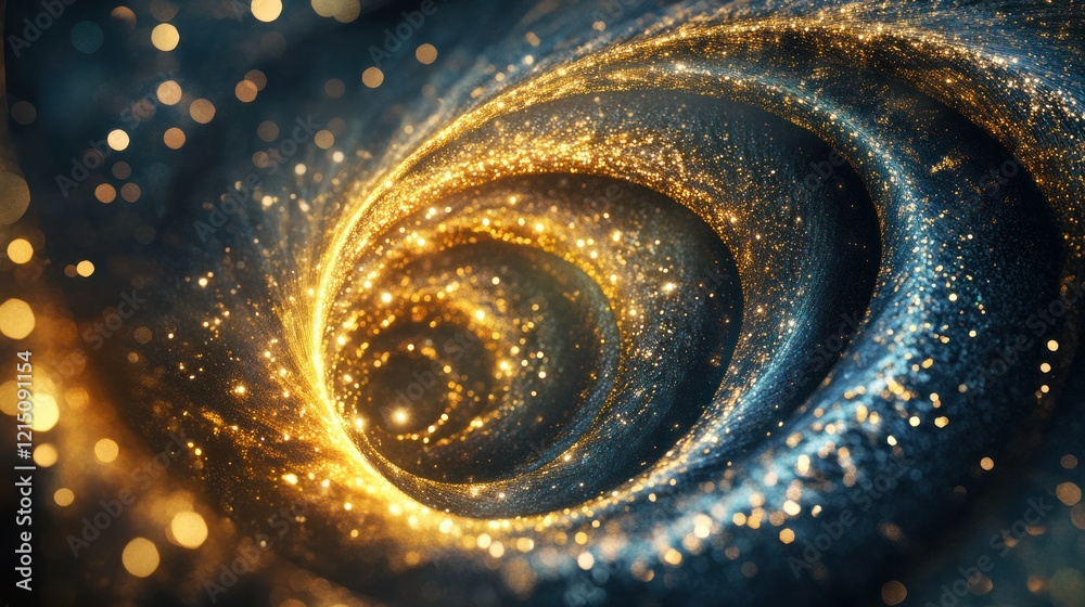 A glowing gold curved line forming a spiral, surrounded by sparkling light twirls for a festive look. A glowing gold curved line forming a spiral, surrounded by sparkling light twirls for a festive look.