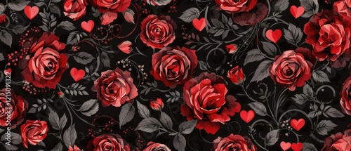 Chic watercolor background with red and black roses and hearts in a seamless pattern, chic, love
