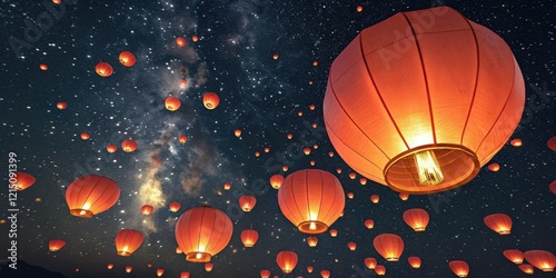 Chinese lanterns released into the air as a group of fireflies light up the darkness, fireflies, forest, magical moment, bioluminescence, insects photo