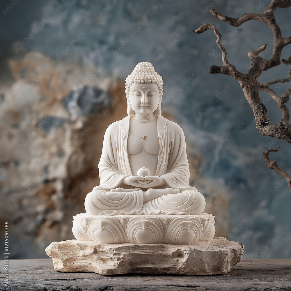 Fototapeta premium serene white Buddha statue on wooden base