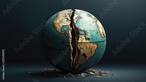 Globe divided in two represents conflict and division due to tariffs and sanctions impacting global unity