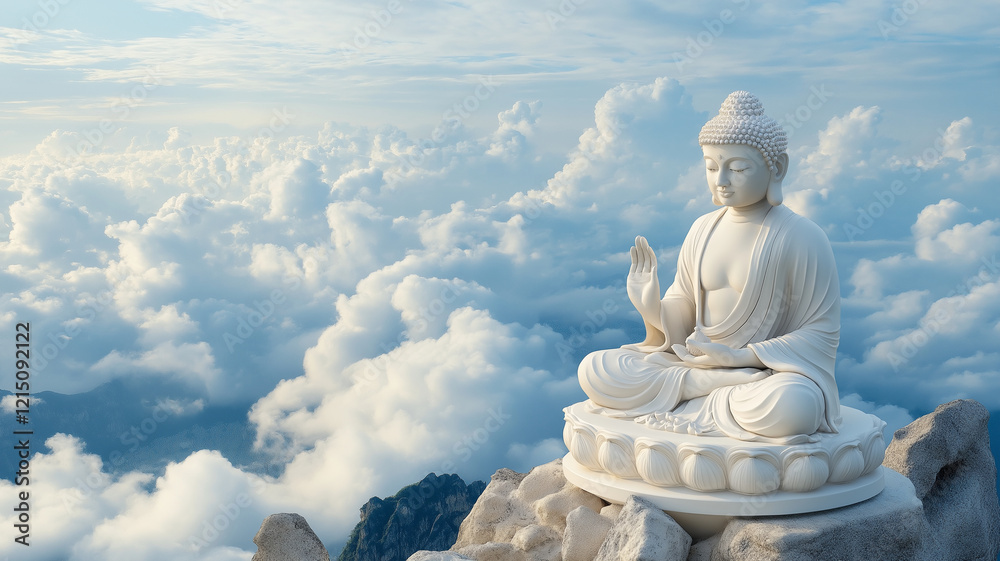 Fototapeta premium serene Buddha statue sits atop mountain, surrounded by clouds