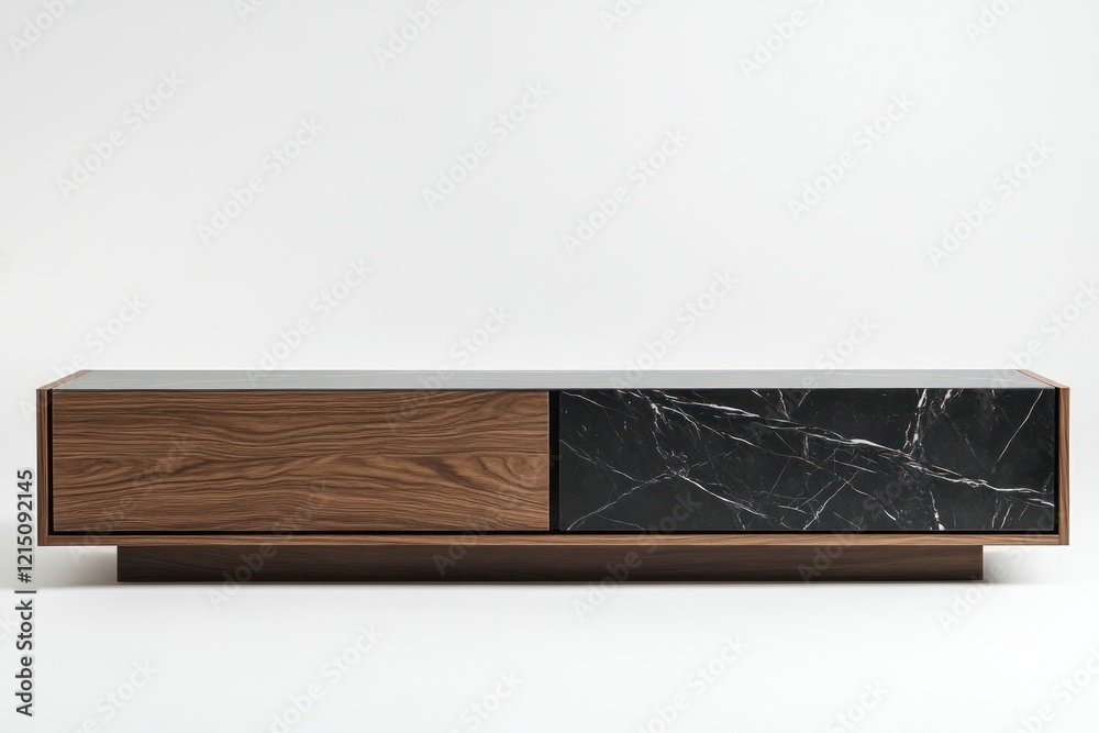 Modern low walnut wood and black marble top coffee table with two drawers. Modern low walnut wood and black marble top coffee table with two drawers.