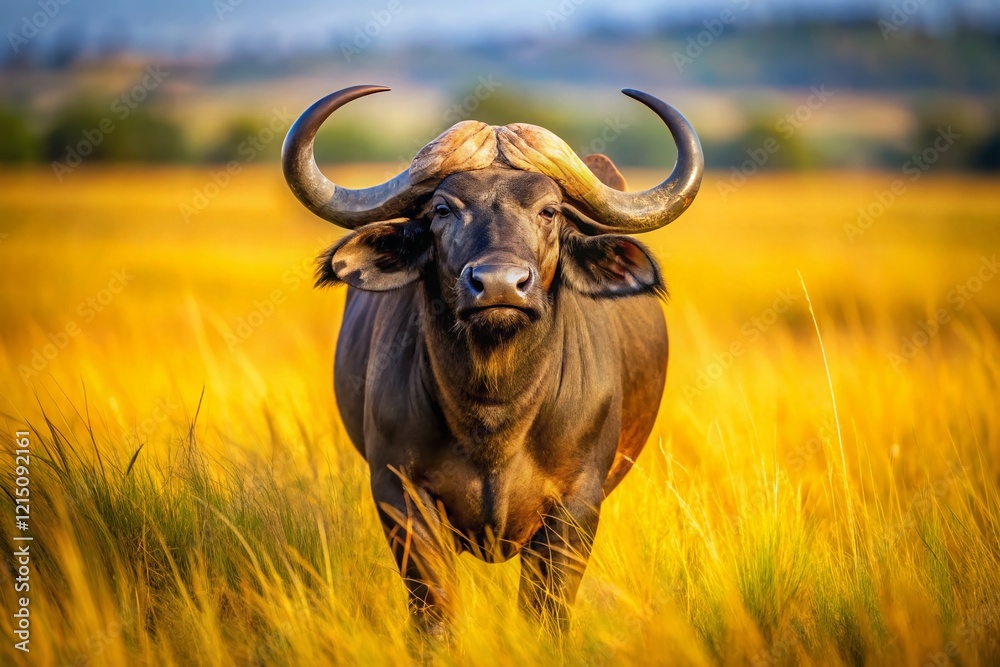 Majestic African Buffalo Bull in High-Definition, Grazing in Savanna Grassland Majestic African Buffalo Bull in High-Definition, Grazing in Savanna Grassland