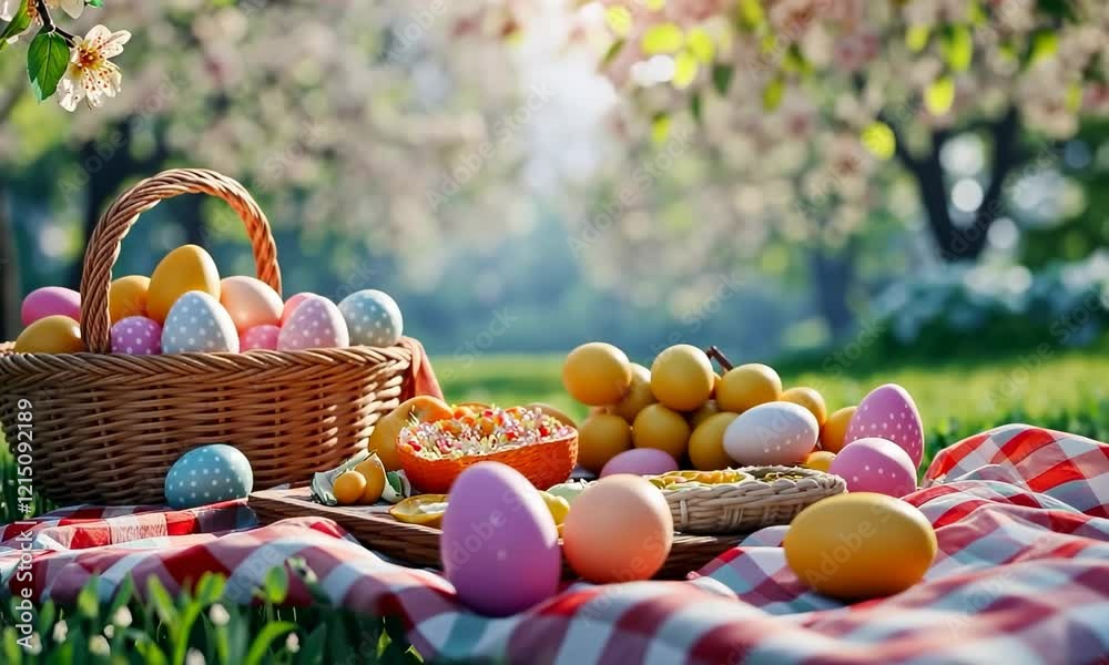 Family picnic for Easter in a sunny park, a checkered blanket covered with traditional food, fresh fruit, and a basket of pastel eggs '